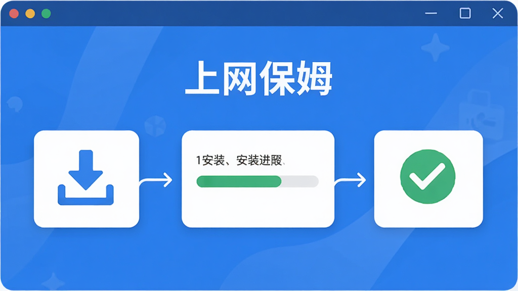 上网保姆新手操作示意图,主体为软件名称上网保姆的安装向导界面,布局为三步流程图横向排列,排版清晰,风格为扁平化步骤引导插画,细节包括下载图标、安装进度条、完成对勾,画质高清,干净,无多余元素