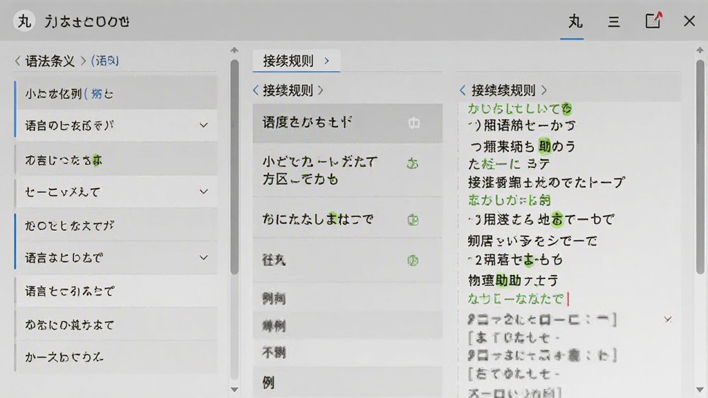 主体为日语丸(japaneseone)语法解析界面,布局为左右分栏,排版左侧为语法条目列表、右侧为接续规则与例句展示,风格为素雅极简办公风,细节包含对比表格、高亮助词与滚动条,画质清晰干净,无多余元素