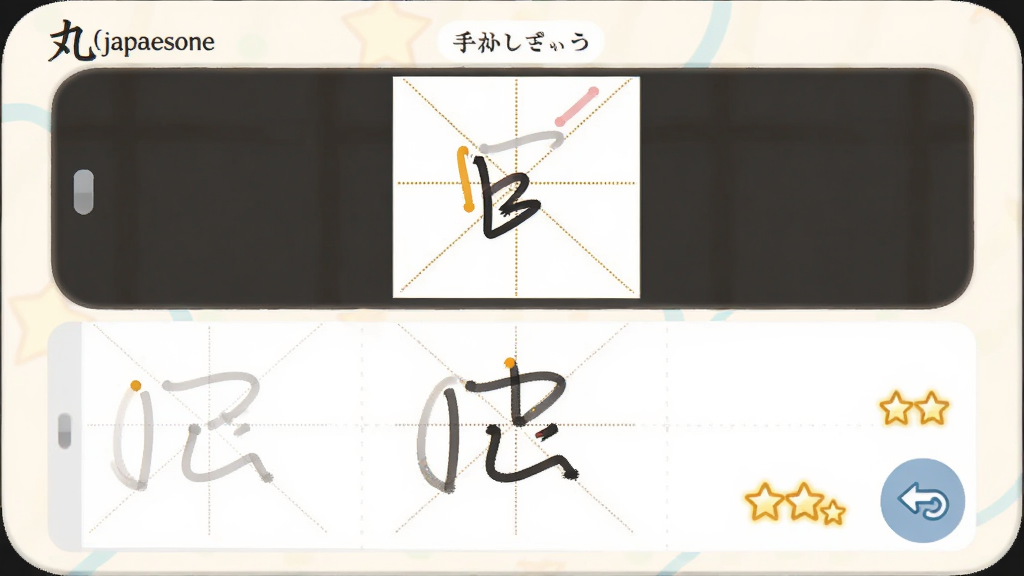 主体为日语丸(japaneseone)手写练习界面,布局为中央大尺寸田字格,排版为上方笔顺动画演示、下方手写区域,风格为柔和圆角教育风,细节包含笔画轨迹、评分星星与撤销按钮,画质高清干净,无多余元素
