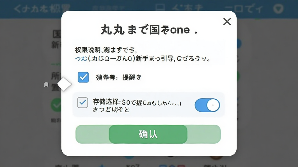主体为日语丸(japaneseone)新手设置引导界面,布局为居中弹窗式,排版从上到下依次为权限说明、存储选择与提醒开关,风格为友好引导风,细节包含勾选框、箭头指示与确认按钮,画质清晰干净,无多余元素