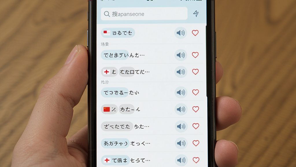 主体为日语丸(japaneseone)会话速查界面,布局为顶部搜索框加下方分类列表,排版按场景标签分组展示短句,风格为清新浅色移动端风,细节包含国旗图标、发音按钮与收藏心形,画质清晰干净,无多余元素
