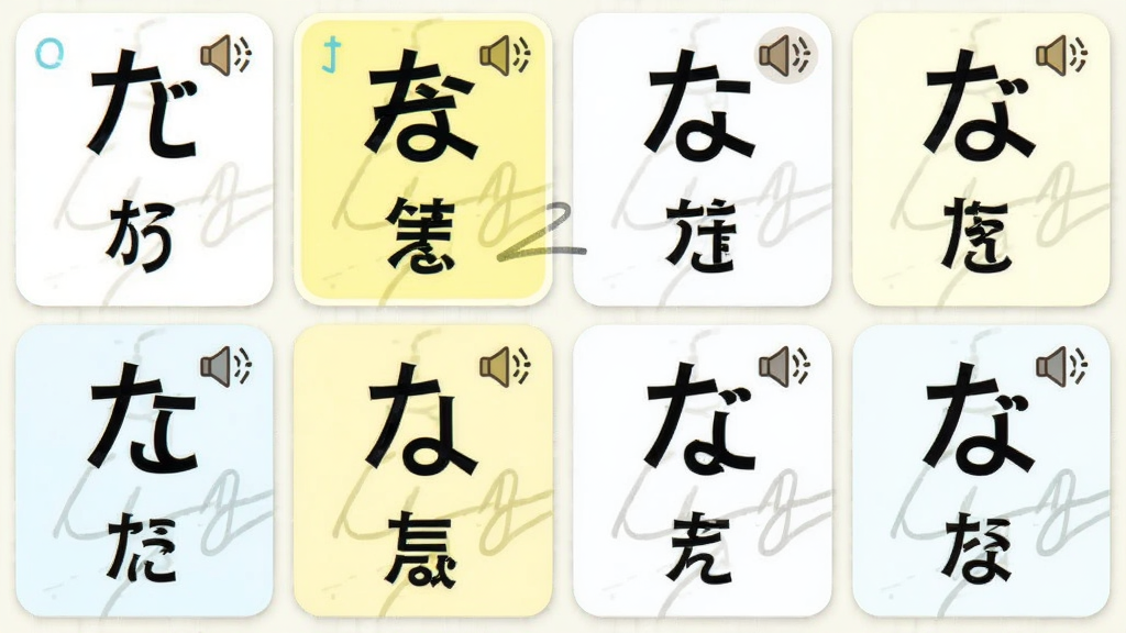 主体为日语丸(japaneseone)五十音图学习界面,布局为网格状假名卡片排列,排版中每张卡片上方是平假名、下方是片假名,风格为柔和浅色教育风,细节包含发音喇叭图标、高亮选中状态与手写笔迹痕迹,画质清晰干净,无多余元素