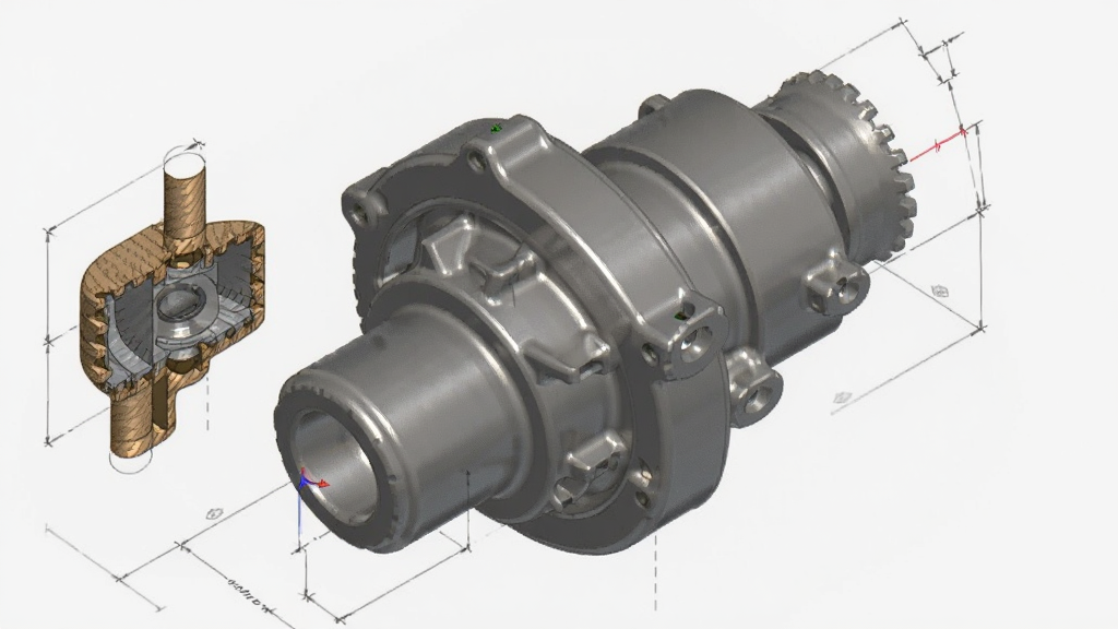 一张展示CorelCAD三维建模能力的图片,画面中是一个正在旋转观察的机械装配体三维模型,模型表面有金属质感,旁边有剖切面和尺寸标注,布局为透视视角,风格为工业设计渲染图,细节包括模型结构清晰、光影自然,画质为高清,干净无多余元素