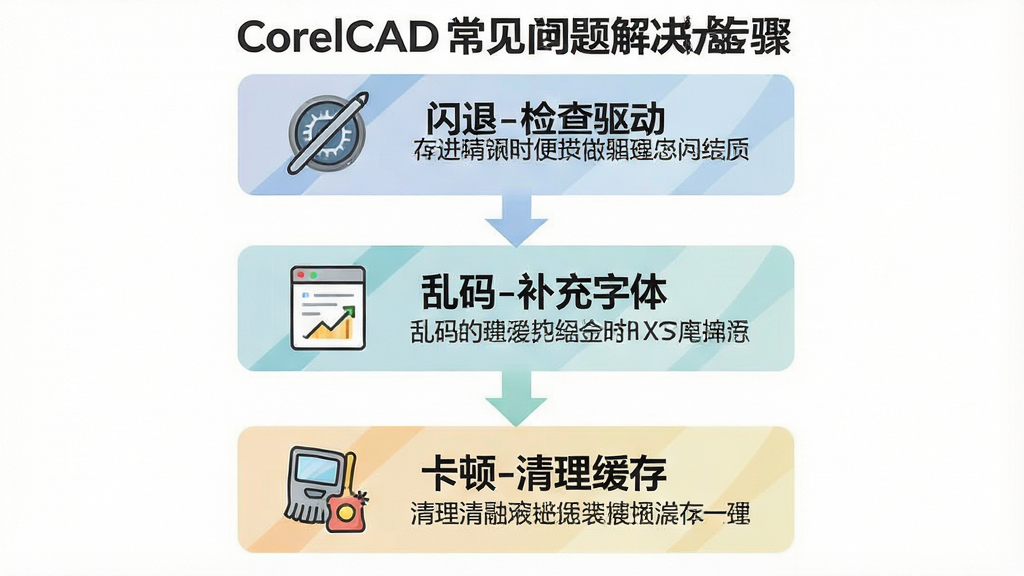 一张展示CorelCAD常见问题解决步骤的流程图,画面从上到下依次排列着“闪退-检查驱动”“乱码-补充字体”“卡顿-清理缓存”三个模块,每个模块配有简单的图标和文字说明,布局为纵向流程图,风格为简洁信息图,细节包括箭头清晰、配色柔和,画质为高清,干净无多余元素