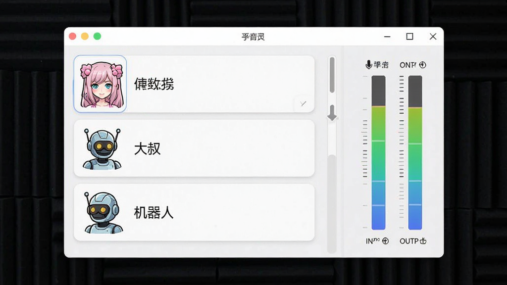 一张展示变声精灵软件界面的预览图,画面中央是软件主窗口,左侧排列着萝莉、大叔、机器人等音色选项,右侧显示麦克风输入与扬声器输出的音量条,整体布局清晰,风格简洁现代,画质干净无多余元素
