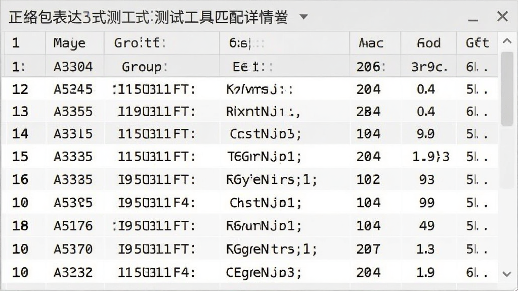 正则表达式测试工具匹配详情面板特写,展示一个表格化的结果列表,每行显示匹配序号、起始位置、匹配内容、分组1、分组2等列信息,数据清晰排列,界面风格为浅灰色调的桌面软件面板,字体为等宽代码字体,画质清晰,干净整洁