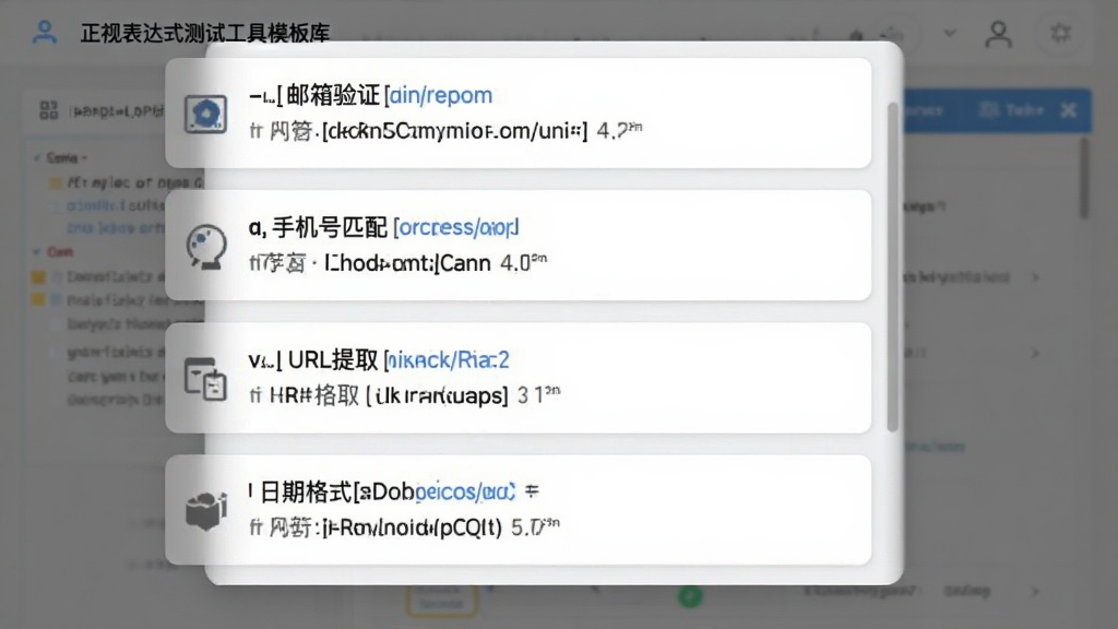 正则表达式测试工具模板库界面截图,展示一个弹出式模板选择面板,面板中列出多个常用正则表达式模板条目,包括邮箱验证、手机号匹配、URL提取、日期格式等,每条模板配有简短说明和示例,界面风格为浅色卡片式布局,图标简洁,文字清晰,画质干净,无多余装饰元素