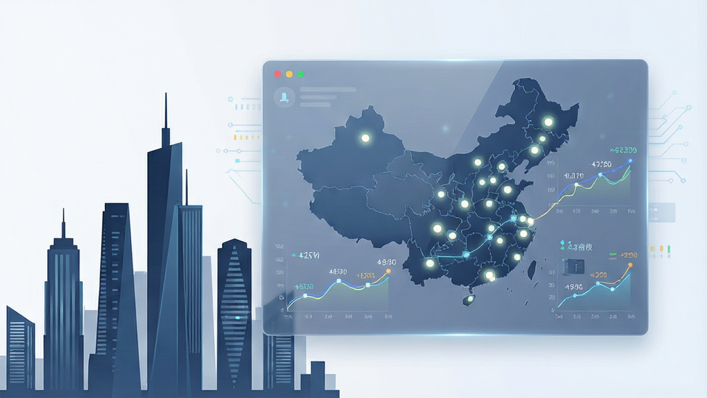 一张展示房价通软件界面的概念图。主体是一个悬浮在空中的半透明数据面板,面板上显示着中国地图和多个城市的房价数字与折线图。布局采用中心对称,面板位于画面中央略偏右,左侧是几栋现代城市高楼剪影。排版清晰,风格为科技感与商务感结合的扁平化设计,细节包括地图上的光点标记和曲线上的数据节点,画质高清,干净,无多余元素。