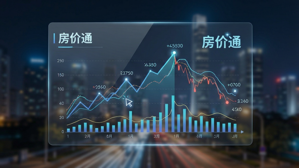 一张表现房价通智能分析功能的图。主体是一块透明显示屏,屏幕上显示着复杂的折线图和柱状图,折线呈现上升和下降趋势,旁边有“房价通”字样。布局为屏幕居中,背景是模糊的城市夜景。排版简洁,风格为数据可视化风格,细节包括图表上的光标和数值标签,画质高清,干净,无多余元素。