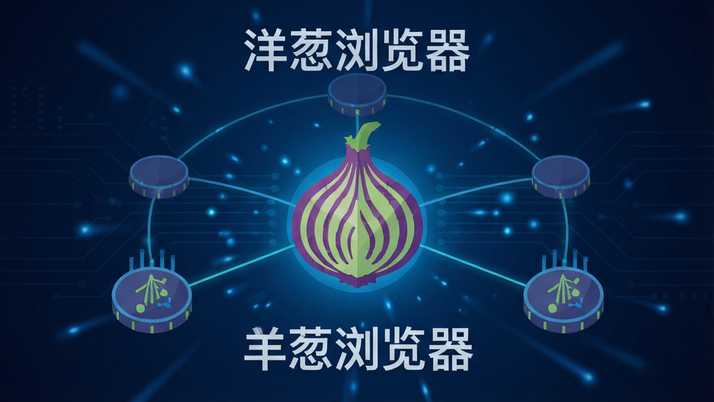 洋葱浏览器多层加密网络传输示意图,画面中央是紫绿色洋葱图标,周围环绕三个中继节点以连线串联,背景深蓝色科技光效,画面中包含文字