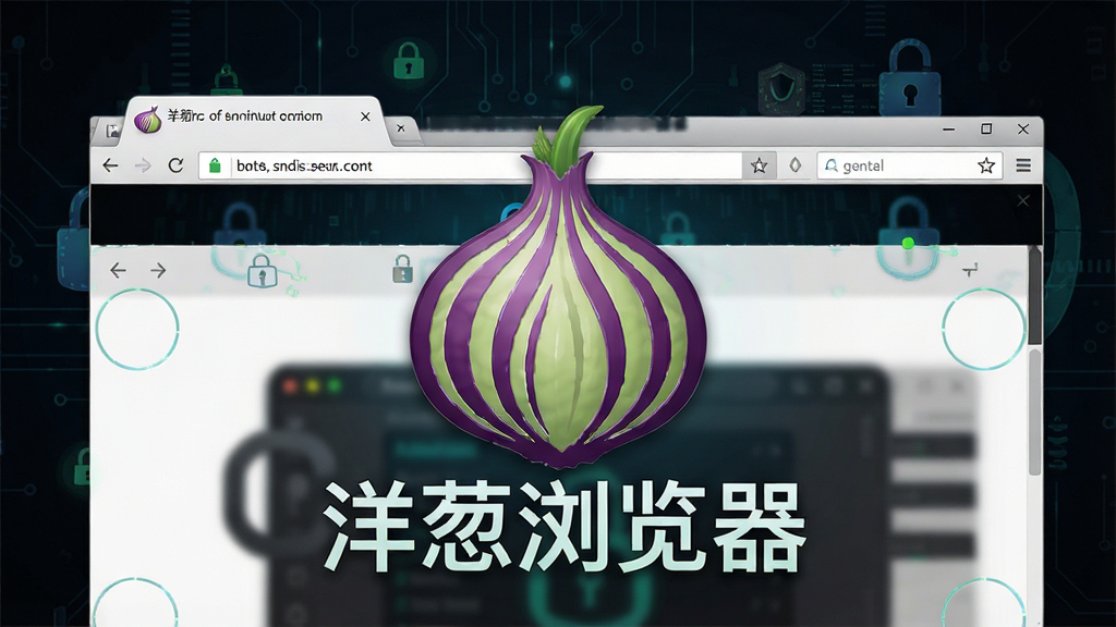 洋葱浏览器软件主界面全貌展示,中央是紫绿色洋葱图标与浏览器窗口,背景为深色网络安全风格,画面中包含文字