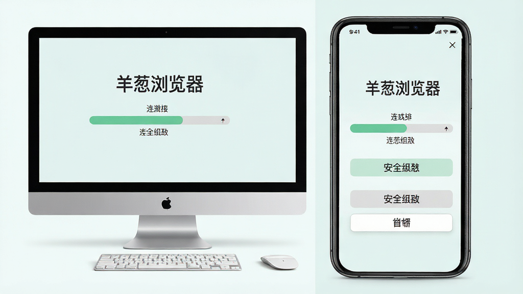 洋葱浏览器新手操作引导界面,画面展示电脑与手机双端并排,屏幕中显示连接进度条与安全级别选项,画面中包含文字