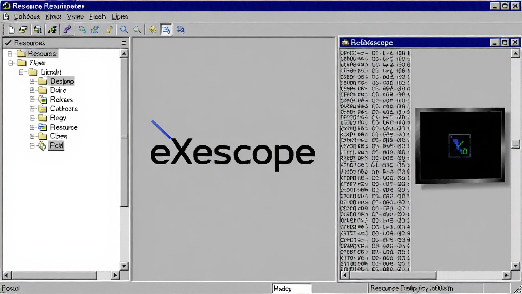 软件主界面全景图,中央是“eXescope”英文标识,左侧为树状资源目录,右侧为十六进制编辑器与资源预览窗格,整体采用经典Windows灰色调,布局清晰紧凑,风格为写实软件截图,细节包含菜单栏、工具栏、状态栏,画质清晰,干净,无多余元素