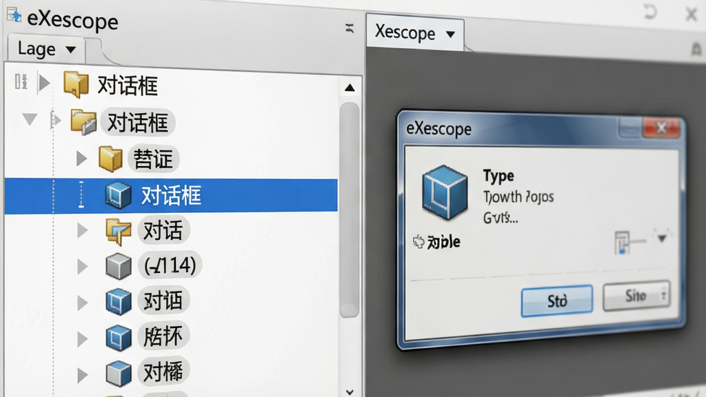 一张软件界面局部特写,展示“eXescope”左侧树状资源列表,高亮选中“对话框”节点,右侧显示对话框可视化预览,风格为写实软件截图,细节包含图标缩略图、类型标识,画质清晰,干净,无多余元素