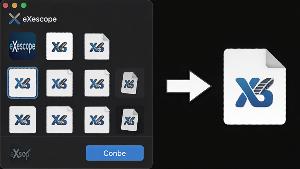 AI生成一张图标替换操作示意图,画面左侧是“eXescope”软件图标列表,右侧是拖入新图标文件的动作箭头,风格为简约软件界面风格,细节包含多尺寸图标缩略图、替换确认按钮,画质清晰,干净,无多余元素