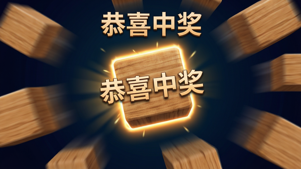 木头抽奖程序抽奖动画界面,画面中多个木块在屏幕上快速滚动,其中一个木块被高亮选中,背景为深色渐变,布局突出选中木块,风格动感活泼,细节包括运动模糊效果、光晕和木质纹理,画质高清,干净,无多余元素,图片中文字“恭喜中奖”