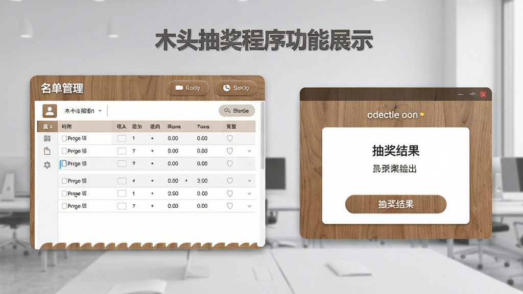 木头抽奖程序功能展示图,画面左侧显示名单管理界面,右侧展示抽奖结果导出窗口,背景为浅灰色办公环境,布局左右分栏,风格简约商务,细节包括清晰的按钮图标、数据表格和木质装饰元素,画质高清,干净,无多余元素