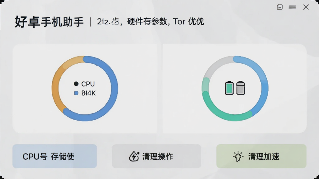 好卓手机助手设备信息面板,主体为软件界面展示手机硬件参数与优化按钮,布局上方为设备名称与型号、中间为存储与电池环形图、下方为优化操作按钮,排版简洁,风格浅灰质感,细节包含CPU占用率、内存使用条、清理加速图标,画质清晰干净无多余元素