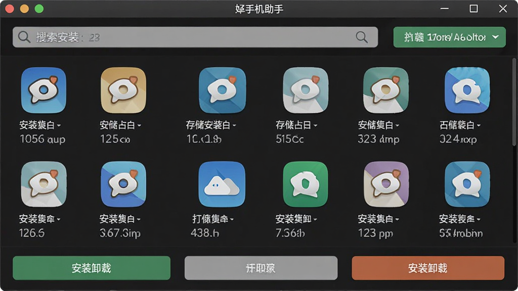 好卓手机助手应用管理界面,主体为软件窗口展示已安装应用列表与操作按钮,布局上方为搜索栏、中间为应用图标网格、下方为安装卸载按钮,排版规整,风格清爽素雅,细节包含应用图标、版本号、存储占用信息,画质清晰干净无多余元素