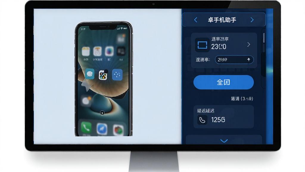 好卓手机助手屏幕投屏功能展示,主体为电脑屏幕显示手机投屏画面,布局左侧为手机屏幕镜像、右侧为控制面板,排版对称,风格科技蓝调,细节包含投屏分辨率选项、全屏按钮、延迟数值,画质清晰干净无多余元素