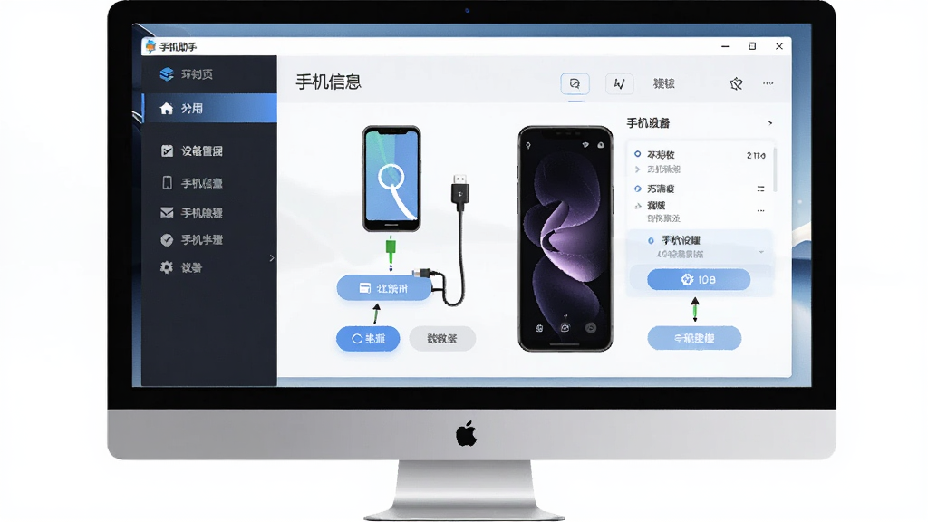 好卓手机助手软件主界面全貌展示,主体为电脑屏幕上的软件窗口,布局左侧为功能导航栏、右侧为手机设备信息面板,排版整齐,风格现代科技感,细节包括手机图标、数据线连接状态、功能按钮,画质清晰干净无多余元素