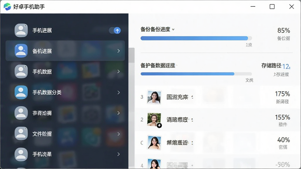 好卓手机助手数据备份界面,主体为软件窗口展示备份进度条与文件分类列表,布局左侧为手机数据分类、右侧为备份进度与存储路径,排版清晰,风格简约商务,细节包含联系人图标、照片缩略图、进度百分比,画质清晰干净无多余元素