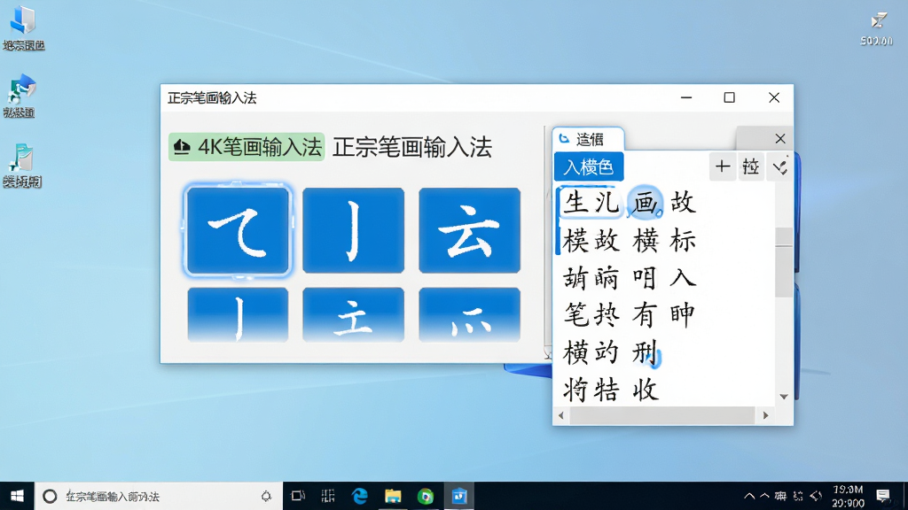 正宗笔画输入法软件界面全貌展示,主体为Windows电脑桌面中央悬浮的输入法状态栏与候选字窗口,布局采用居中构图,排版清晰展示横竖撇点折五个笔画按钮和候选汉字列表,风格为现代简约科技风,细节包含蓝色高亮笔画按键、清爽的白色背景、清晰的中文提示文字“正宗笔画输入法”,画质为4K超清,干净无多余元素