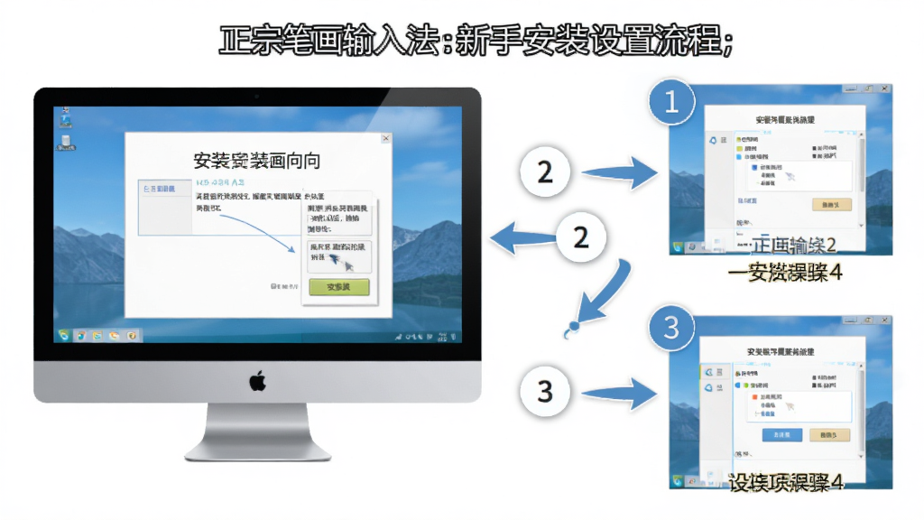 正宗笔画输入法新手安装设置流程图,主体为电脑屏幕显示安装向导和设置界面,布局为分步骤展示,排版按1-2-3-4顺序排列,风格为教学图解风格,细节包含清晰的步骤编号和中文操作提示,画质高清,干净无多余元素