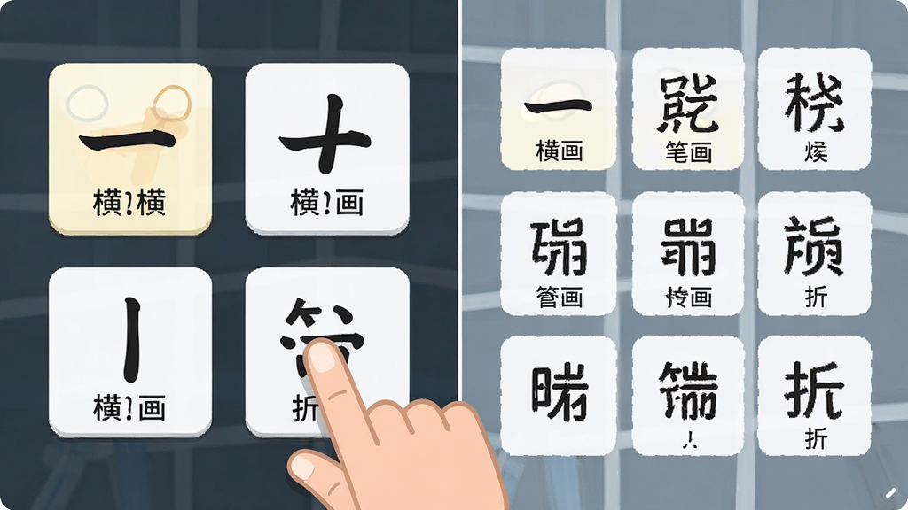 正宗笔画输入法五种笔画操作示意图,主体为一只手指点击屏幕上的横竖撇点折按钮,布局采用左右分栏,左侧展示笔画按钮,右侧展示候选汉字,排版简洁明了,风格为扁平化教学插画,细节包含清晰的笔画图标和中文标注,画质高清,干净无多余元素
