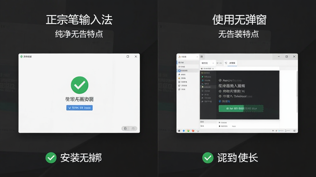 正宗笔画输入法纯净无广告特点展示,主体为干净的软件安装界面和使用界面,布局为左右对比,左侧展示安装无捆绑,右侧展示使用无弹窗,排版清晰,风格为简约商务风,细节包含对勾图标和中文说明文字,画质高清,干净无多余元素