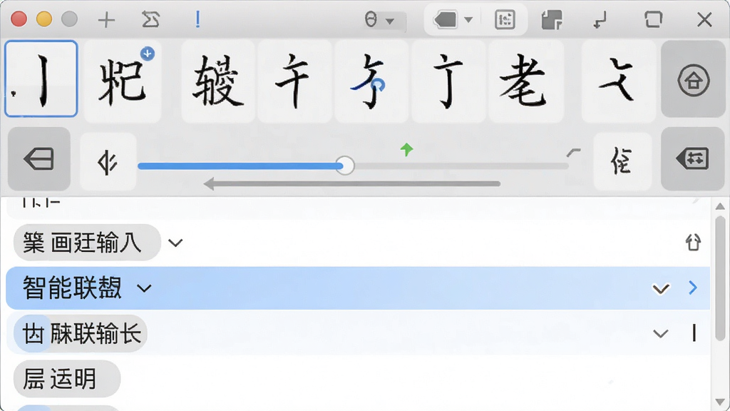 正宗笔画输入法智能联想功能展示,主体为输入法候选窗口显示多个联想词组,布局为上下结构,上方为笔画输入区,下方为候选词列表,排版整齐,风格为写实软件截图风,细节包含高亮选中的词组和笔画进度提示,画质超清,干净无多余元素