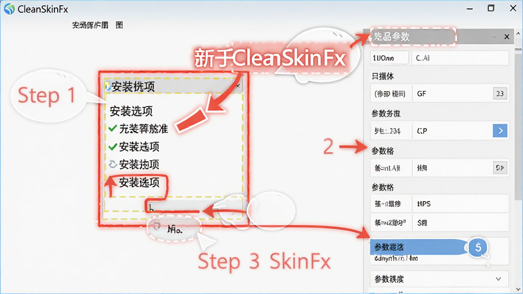 CleanSkinFX 新手操作示意图,主体为软件界面标注了关键操作区域,布局为全屏截图配合红色箭头与文字标注,排版清晰引导用户注意安装选项与参数面板,风格为教程类图示,细节包含高亮边框、提示气泡、步骤序号,画质高清,干净,无多余元素。