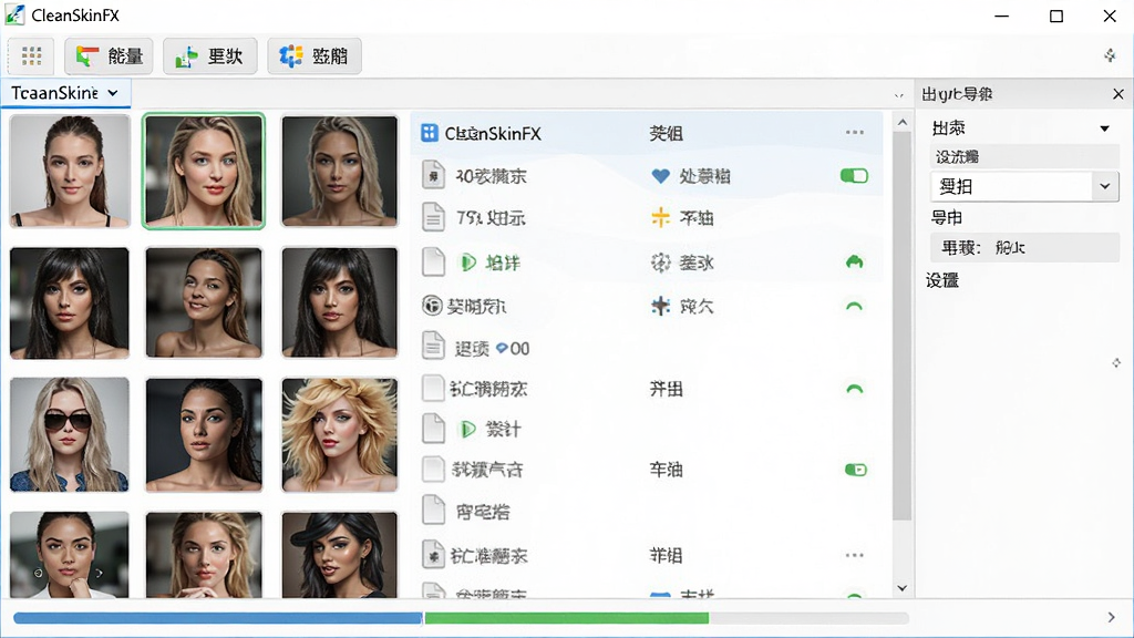 CleanSkinFX 批量处理任务队列界面,主体为软件窗口展示多张缩略图排列成网格,布局为顶部功能按钮、中部任务列表、底部进度条,排版整齐有序,风格为高效工具类软件界面,细节包含文件名称、处理状态图标、导出设置面板,画质高清,干净,无多余元素。