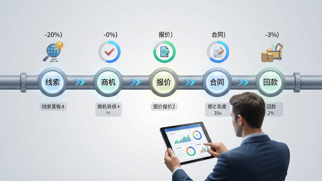 一张展示销售流程可视化的AI生图,画面主体为一条从左到右延伸的流程管道,管道上分布着线索、商机、报价、合同、回款五个发光节点,每个节点旁有对应的小图标与百分比数字,管道下方有销售人员在平板上查看进度,背景为浅灰色渐变,布局横向展开,风格为简约商务信息图,细节包含箭头、数据标签、进度环,画质高清,干净,无多余元素