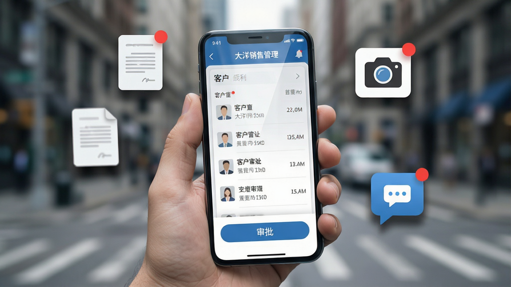 一张表现移动端协同办公的AI生图,画面主体为一只手握持智能手机,手机屏幕上显示大洋销售管理系统的移动端界面,包含客户列表与审批按钮,手机周围漂浮着合同图标、相机图标与消息气泡,背景为虚化的城市街景,布局以手机为视觉中心,风格为写实科技风,细节包含屏幕反光、图标阴影、通知红点,画质清晰,干净,无多余元素