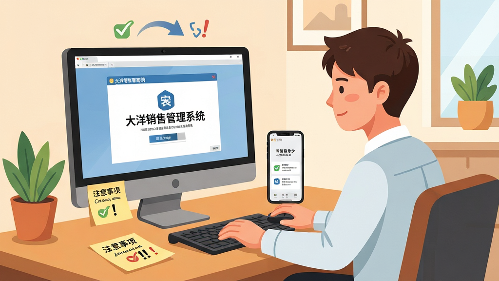 一张表现新手使用软件避坑场景的AI生图,画面主体为一位年轻职员坐在办公桌前,面前电脑屏幕显示大洋销售管理系统安装界面,旁边有手机展示移动端同步进度,桌面上放着写有注意事项的便签纸,背景为简洁的居家办公环境,布局以人物与设备为中心,风格为温暖扁平插画,细节包含便签上的对勾与感叹号图标、数据同步箭头、绿植点缀,画质清晰,干净,无多余元素