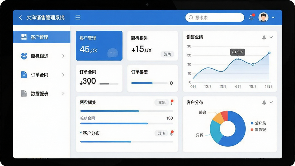 一张展示大洋销售管理系统电脑端主界面的产品截图风格插画,画面中央是软件主仪表盘,左侧为功能导航栏,包含客户管理、商机跟进、订单合同、数据报表等模块图标,右侧为销售业绩折线图与客户分布饼图,顶部有搜索框与用户头像,整体采用蓝白商务配色,界面干净整洁,布局清晰,风格为现代扁平化UI设计,细节包含数据卡片、进度条、消息提醒红点,画质高清,无多余元素