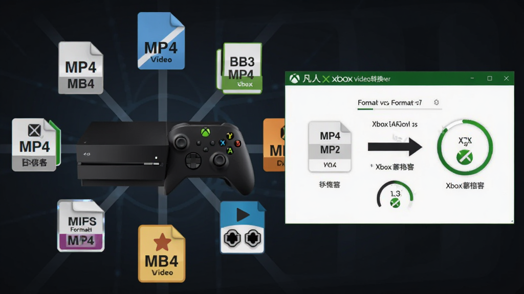 画面中展示多个视频格式图标围绕一台Xbox主机排列,凡人xbox视频转换器软件界面悬浮在侧边,界面内显示格式转换箭头从MP4指向Xbox兼容格式,布局采用中心辐射式,风格为扁平化科技风,细节包含格式缩写字母、转换进度环、绿色对勾标识,画质干净清晰,无多余元素
