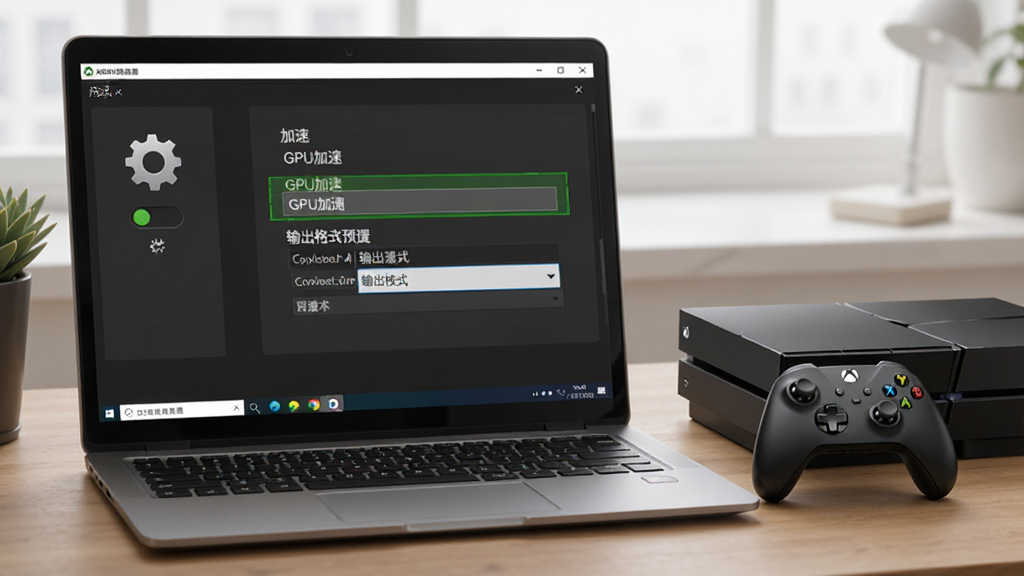 凡人xbox视频转换器使用技巧示意图,画面中一台笔记本电脑屏幕显示软件设置界面,旁边放置Xbox手柄与主机,界面内高亮显示GPU加速选项与输出格式预设,布局为场景化桌面视角,风格为写实科技,细节包含设置齿轮图标、加速开关、格式下拉菜单,画质清晰,无多余元素