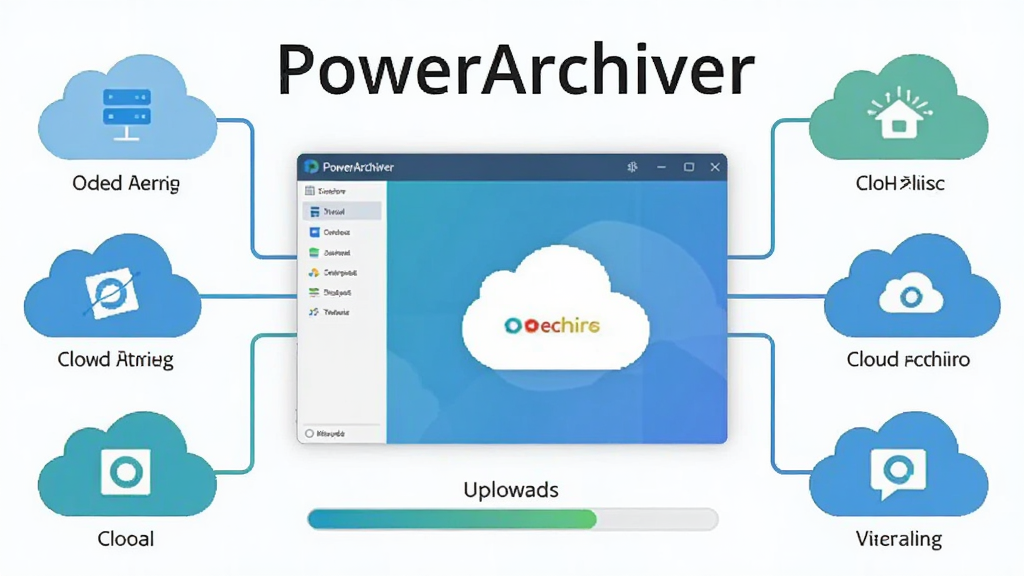 一张展示PowerArchiver云服务集成功能的示意图,画面中央是软件界面,通过线条连接着多个云朵图标代表不同的云存储服务,界面下方显示上传进度条,整体风格简洁明快,采用浅色背景,画质清晰,画面中带有“PowerArchiver”文字