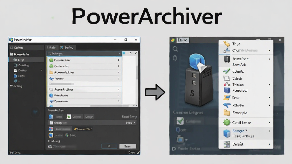 一张展示PowerArchiver使用技巧的图片,画面左侧是软件设置界面截图,右侧是右键菜单集成效果,中间用箭头连接,背景为浅灰色,风格简洁教程类,画质清晰,画面中带有“PowerArchiver”文字