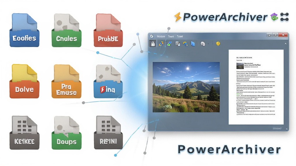 一张展示PowerArchiver多格式支持与预览功能的示意图,画面左侧是各种压缩格式图标排列,右侧是软件窗口内直接预览一张图片和文档内容,界面中间有高亮的光效连接,背景为干净的白色,风格扁平化科技感,画质高清,画面中带有“PowerArchiver”文字标识