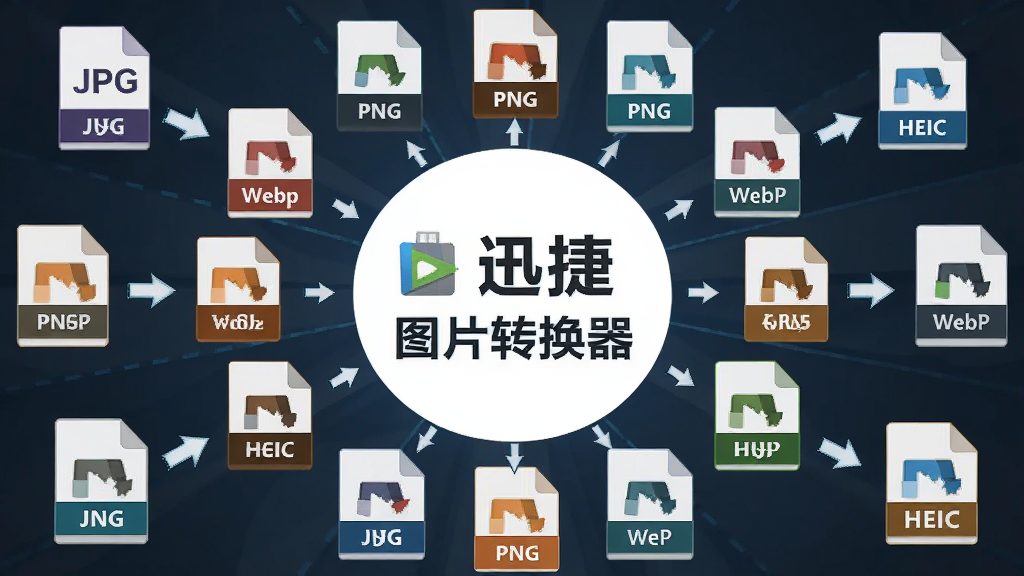一张展示迅捷图片转换器多格式转换功能的图片,主体为各种图片格式图标围绕软件名称排列,布局采用中心放射式排版,风格为科技感扁平化设计,细节包括JPG、PNG、WebP、HEIC等格式标识与转换箭头,画质清晰、干净、无多余元素