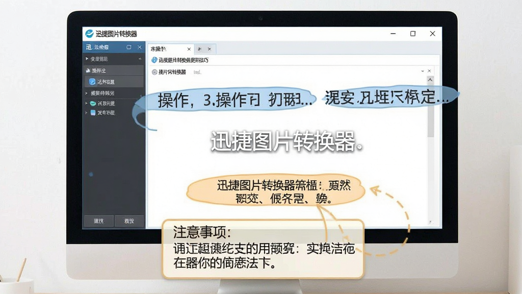 一张展示迅捷图片转换器使用技巧的图片,主体为电脑屏幕上软件操作界面与提示文字,布局采用居中排版,风格为教程演示风格,细节包括软件名称“迅捷图片转换器”、操作步骤标注、注意事项提示框,画质清晰、干净、无多余元素