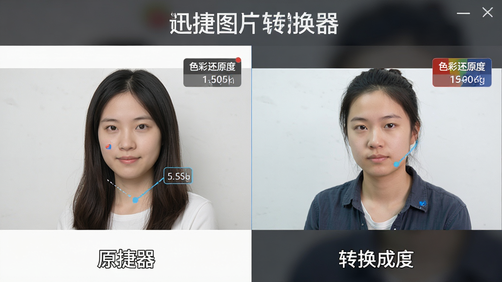 一张展示迅捷图片转换器无损画质转换效果的图片,主体为转换前后图片对比展示,布局采用左右对照式排版,左侧为原图、右侧为转换后图片,风格为专业评测对比风格,细节包括清晰度标注、色彩还原度标识、软件名称“迅捷图片转换器”字样,画质清晰、干净、无多余元素