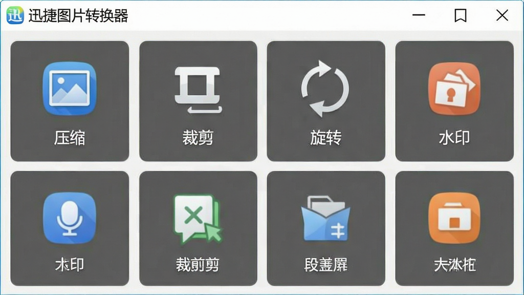 一张展示迅捷图片转换器附加功能的图片,主体为软件功能面板中压缩、裁剪、旋转、水印等工具图标展示,布局采用网格状排版,风格为功能展示型界面风格,细节包括各功能图标与文字标签、软件名称“迅捷图片转换器”,画质清晰、干净、无多余元素