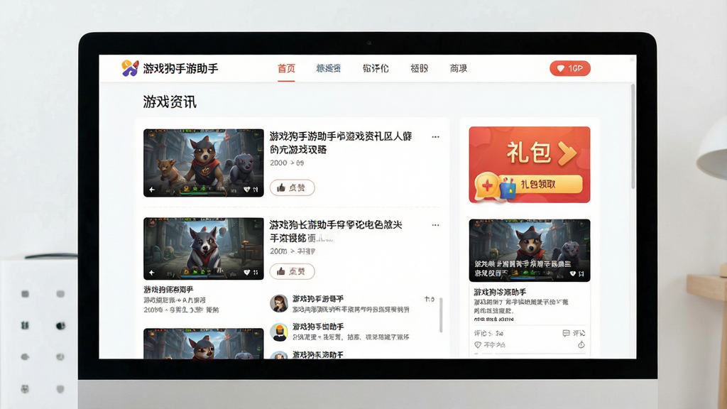 一张展示游戏狗手游助手内置资讯社区页面的图片,主体为电脑屏幕上显示游戏攻略文章列表与礼包领取入口,布局为顶部导航栏加内容瀑布流,排版错落有致,风格为清新资讯风,细节包括文章缩略图、标题文字、点赞按钮、评论区预览、背景为白色、界面中带有文字“游戏狗手游助手”与“游戏资讯”,画质为1080P高清,干净无多余元素