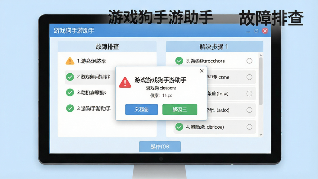 一张展示游戏狗手游助手故障排查流程的示意图,主体为电脑屏幕上显示错误提示弹窗与解决步骤列表,布局为居中弹窗加底部操作按钮,排版清晰明了,风格为扁平化教程风,细节包括红色警告图标、绿色对勾图标、步骤编号、背景为浅蓝色、界面中带有文字“游戏狗手游助手”与“故障排查”,画质为1080P高清,干净无多余元素