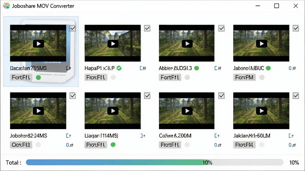 Joboshare MOV Converter 批量转换功能展示图,画面中软件界面内排列着多个视频文件缩略图,每个文件旁有勾选框,底部有总进度条显示转换百分比,界面顶部有软件名称