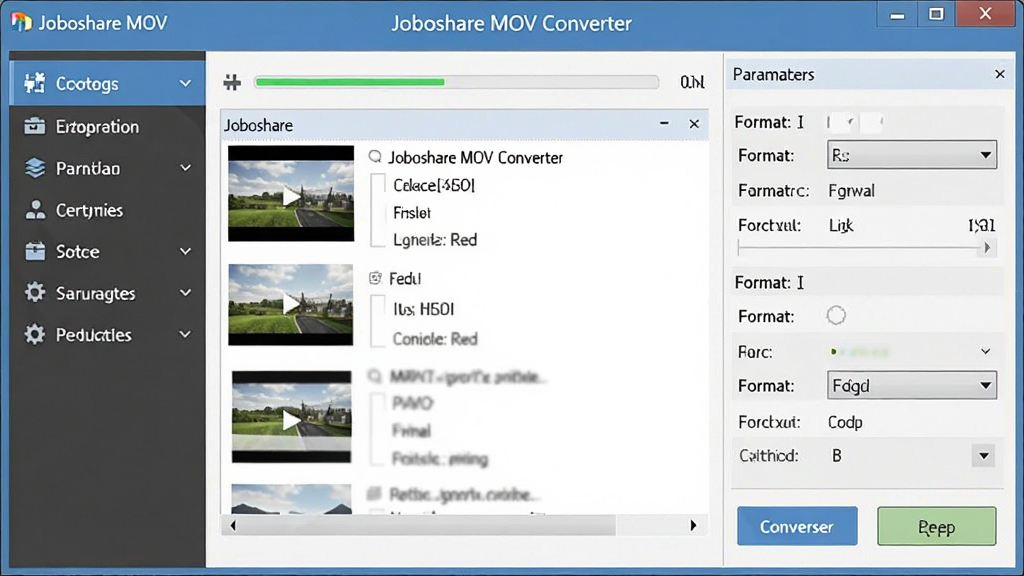 Joboshare MOV Converter 软件主界面展示,画面中央为软件操作窗口,左侧为功能导航栏,右侧为视频文件列表与转换参数设置区域,窗口上方有软件名称